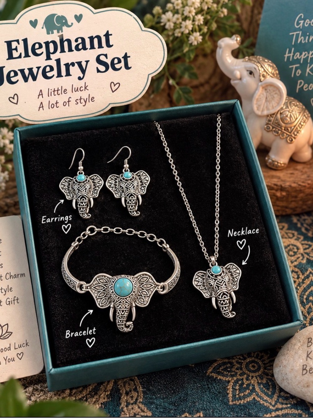 Elephant Jewelry Set with Turquoise Accents - Silver Tone
